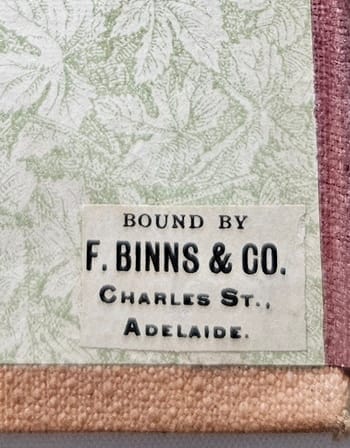 Binders' sticker F. Binns & Co, Adelaide